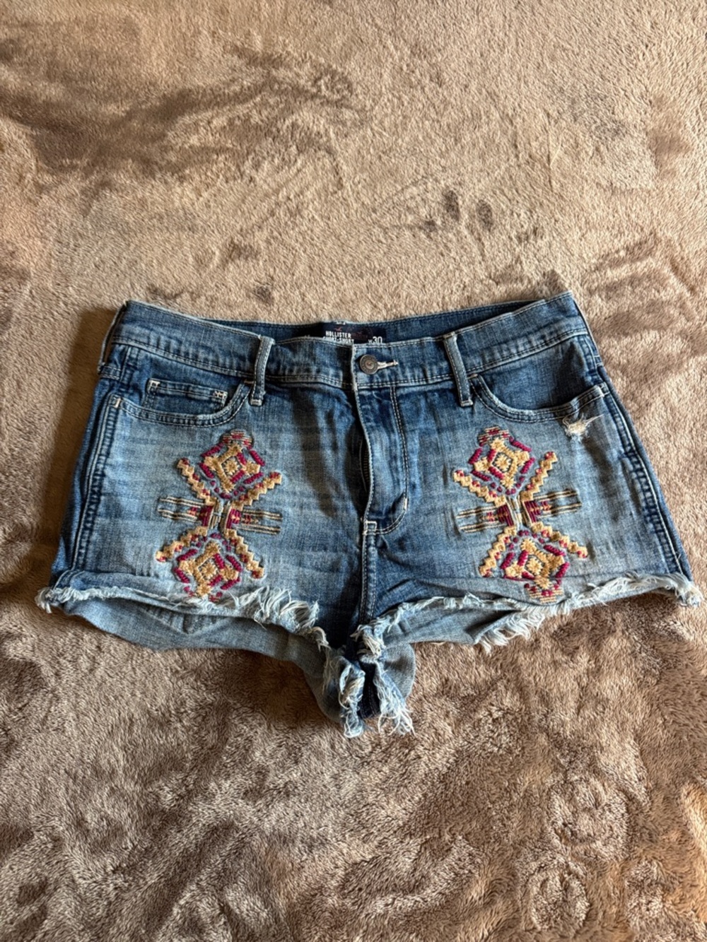 Hollister Distressed Blue Denim Shorts with Colorful Embroidery